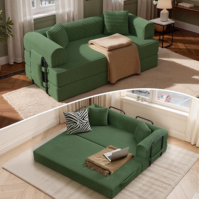 Convertible Coarser Corduroy Sleeper Sofa Bed with Cylindrical Pillow Folding Mattress Couch with Fixed-Shape Frame Floor Sofa Lounge Couch for Living Room Bedroom Lounge Studio Green