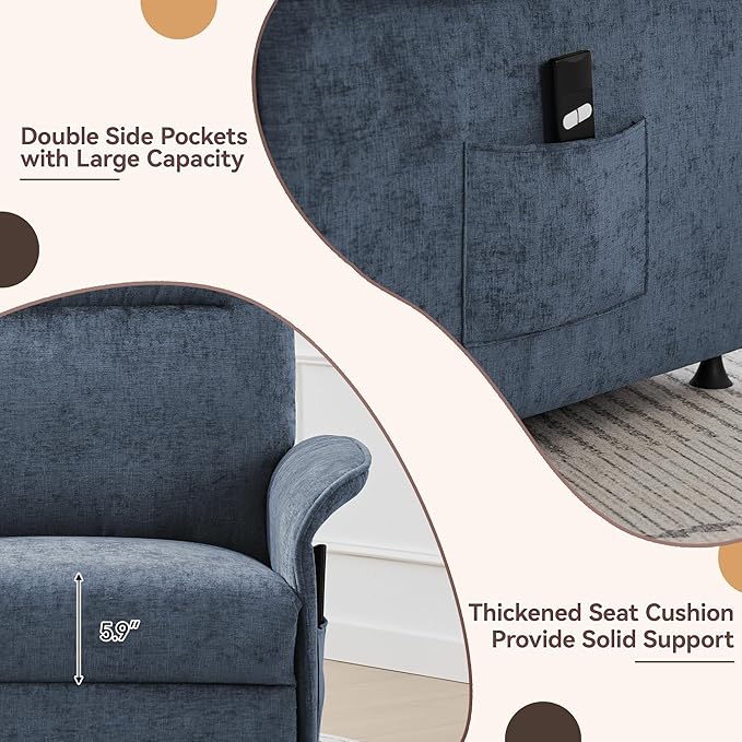Power Recliner Chair for Adults Modern Reclining Single Sofa with Curved Armrest Comfy Ergonomics Electric Recliner with Side Pockets Adjustable Reading Chair for Living Room Bedroom Chenille Blue