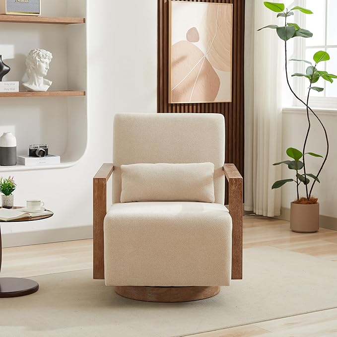 30.3 W Swivel Accent Chair with Solid Wood Armrests Modern Upholstered Armchair with Rubberwood Base 360 Degree Comfy Lounge Reading Chair for Living Room Bedroom or Office (Beige)