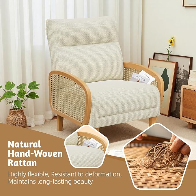 Rattan Accent Chair Arm Chair with High Resilience Cushion Armchair with Sturdy Ash Wood for Living Room Beige