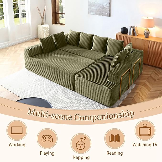 145 Modular Sectional Sofa Oversized U-Shaped Deep Seat Corduroy Cloud Couch with Fixed-Shape Frame Sleeper Sofa Couch Boneless Couches for Living Room No Assembly RequiredSofa in A BoxGreen