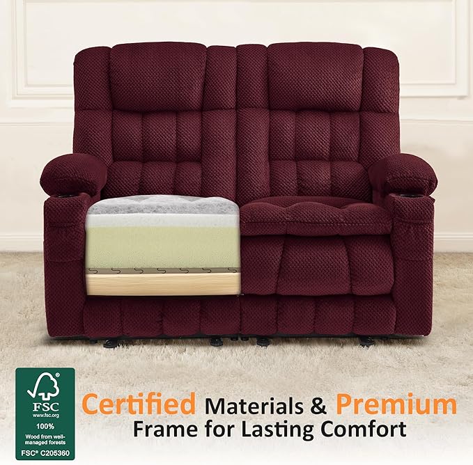 MCombo 57 Power Loveseat Recliner Electric Reclining Loveseat Sofa with Heat and Vibration Cupholders USB Charge Ports for Living Room 6314 (Burgundy Loveseat)