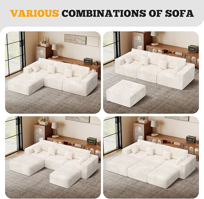 113 Modular Sectional Sofa Bed Convertible Cloud Couches for Living Room with Ottoman 6 Seater Corduroy Boneless Couch Sleeper Sofa Set No Assembly Required Beige 1 PCS