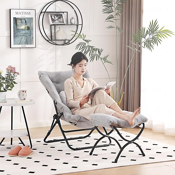 Comfy Saucer Chair with Ottoman Oversized Folding Faux Fur Chair Soft Furry Lazy Chair with Metal Frame Moon Chair Accent Chair for Bedroom Living Room Dorm Rooms Grey