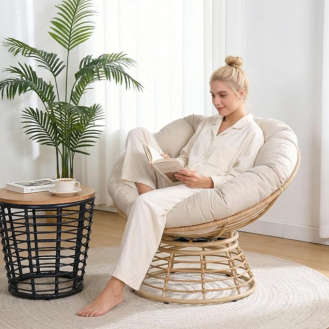 43 Ergonomic 360° Swivel Papasan Chair Wicker Round Chair with Thick Cushion Lounge Chair for Living Room Bedroom Reading Nook Indoor Outdoor Use Light Gray Cloud &amp Yellow Frame
