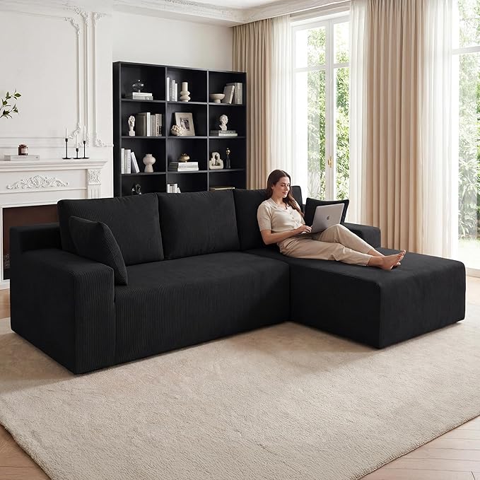 Cloud Sectional Boneless Couches for Living Room Modular L Shaped Couch with Deep Seat Oversized Right Facing Chaise Memory Foam Compressed Spineless Sofa for Bedroom Fine-Striped Black | Washable