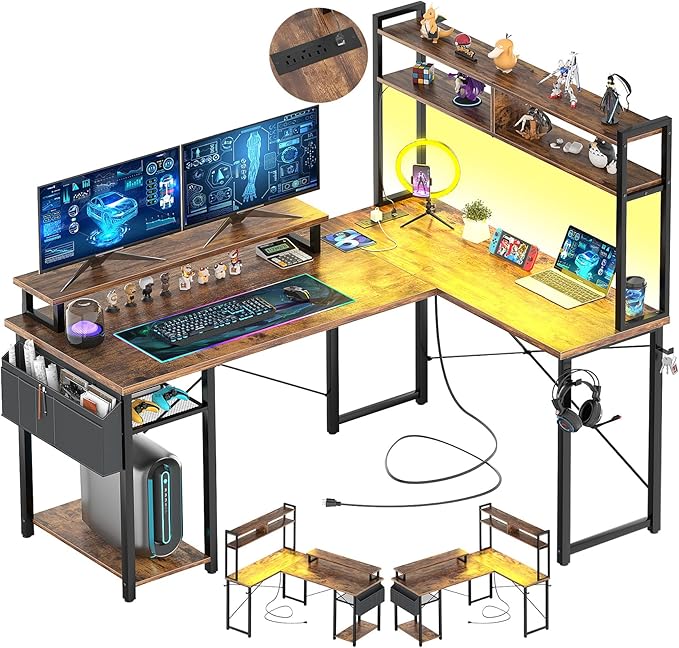 Aheaplus Small L Shaped Gaming Desk with LED Lights &amp Power Outlets Reversible L-Shaped Computer Desk with Monitor Stand &amp Storage Shelf Corner Desks Home Office Desk with Storage Bag Rusti