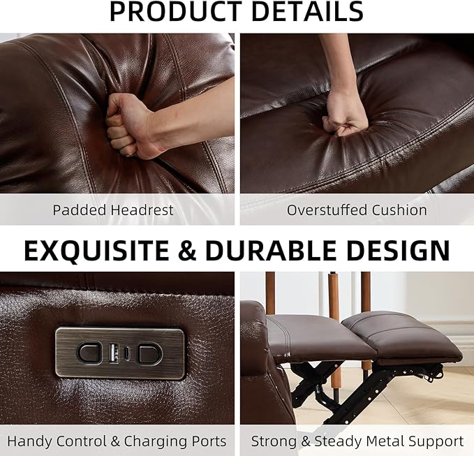 EBELLO Power Reclining Loveseat Faux Leather Double Recliner Sofa with Side Pocket Center Console Hidden Storage &amp Cup Holders Vintage Rivet Mid-Century Modern Design for Living Room Red Brow