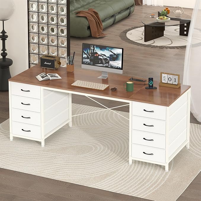 60 Inch Computer Desk with 8 Drawers Home Office Desk with Power Outlets Work Study Gaming Desk with 8 Fabric Drawers Brown and White