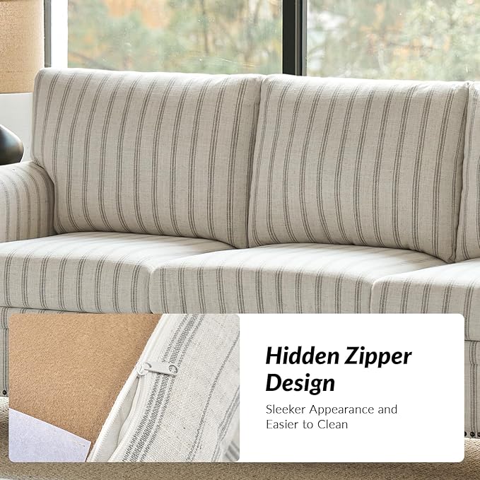 HULALA HOME 81 Farmhouse Couch with Stripe Pattern 3 Seater Sofa with Solid Wood Legs and Rolled Wide Armrests Comfy Upholstered Sofa with Nailhead Trims FSC Certified Stripe