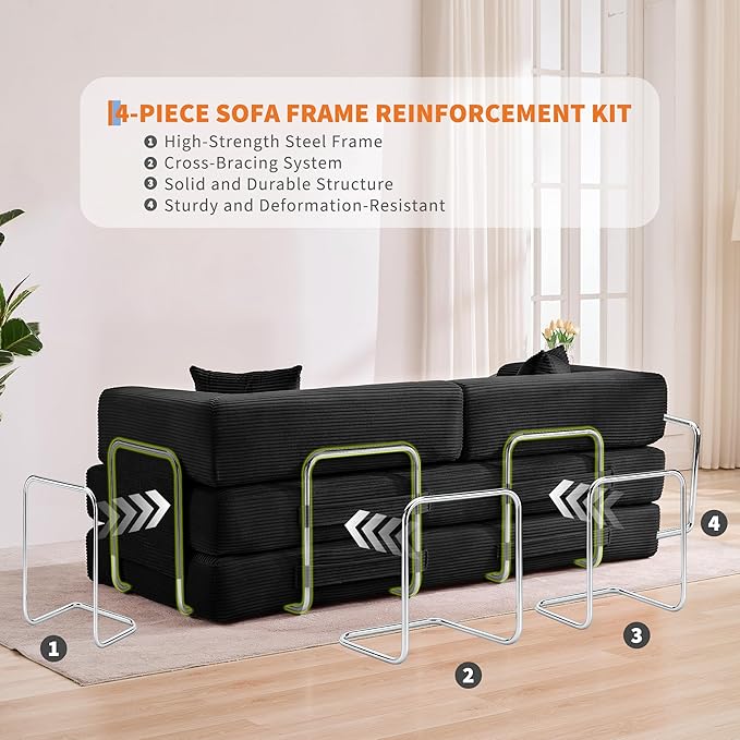 Convertible Sleeper Sofa Bed 78.8 Floor Sofa Bed 5-in-1 Folding Mattress Couch Loveseat with Fixed-Shape Frame Pillow Corduroy Fabric for Living Room Bedroom Lounge Black
