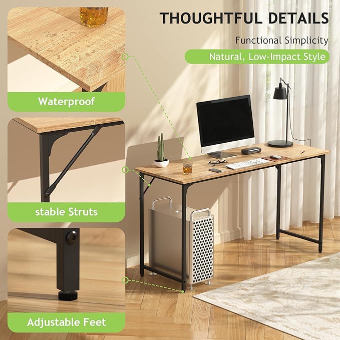 55 Inch Office Desk Modern Simple Style Computer Desk and Study Table with Sturdy Metal Frame Writing Work Desk for Home Office Gaming Desk for Gaming Room Nature