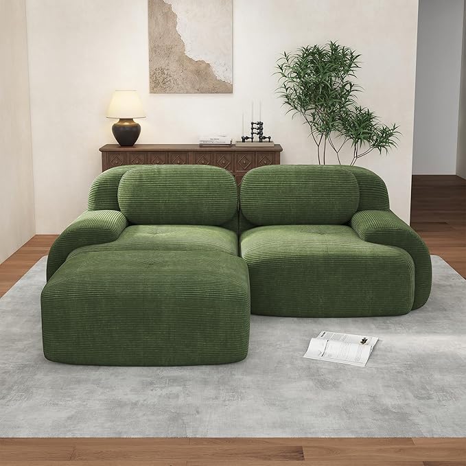 80.3 Modular Sectional Sofa Boneless Cloud Couch 2-Seater Deep Seat Cloud Couch Luxury Corduroy Fabric Sofa for Living Rooms Bedrooms Apartment (Green 80.3inch+Ottoman)