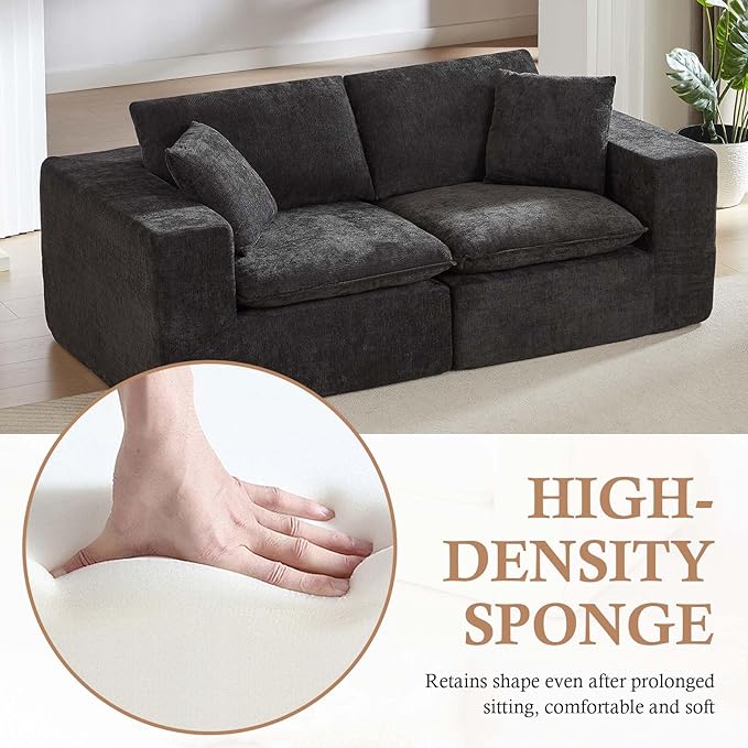 78'' Chenille Modular Loveseat Black Boneless Loveseat with 2 Pillows Cloud Couch Love Seats for 2-Seater Upholstered Sectional Sofa for Living Room No Assembly Freely Combinable (Black)