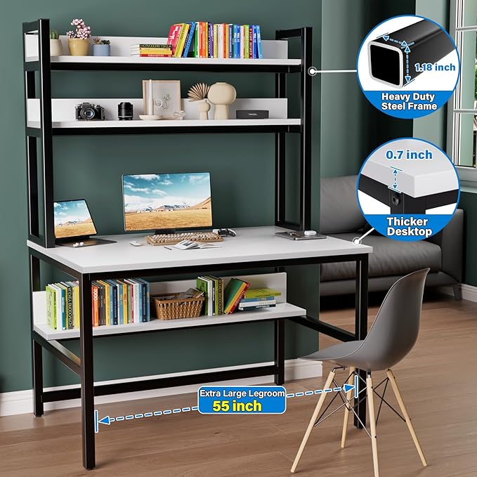 Aquzee Computer Desk Easy Assembly Gaming Table with Hutch and Shelves 4 Tiers Desk with Large Wood Desktop Metal Legs Ideal for Storage Study Work Writing Homework White 55Wx65Hx23.6D Inches
