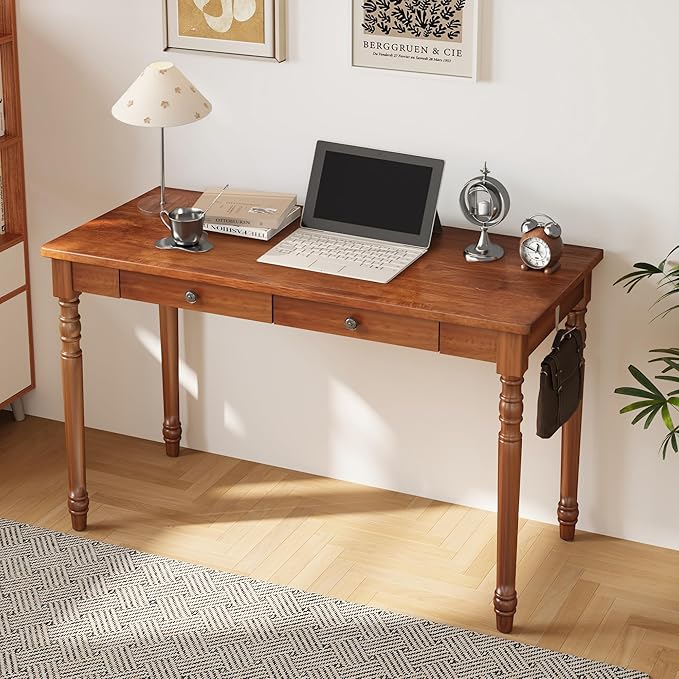 47 x 22 Inch Wooden Desk with Drawers -Simple Mid Century Modern Desk with 2 Hooks Solid Rubber Wood Study Table for Living Room Bedroom &amp Home Office Walnut Color