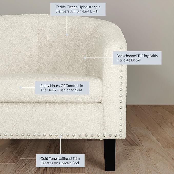 BELLEZE Accent Barrel Chairs Set of 2 Modern Tub Club Chairs Upholstered Armchairs for Living Room Accent Chairs with Silver Nail Head Trim Black Legs - Kyara (White/Polyester)