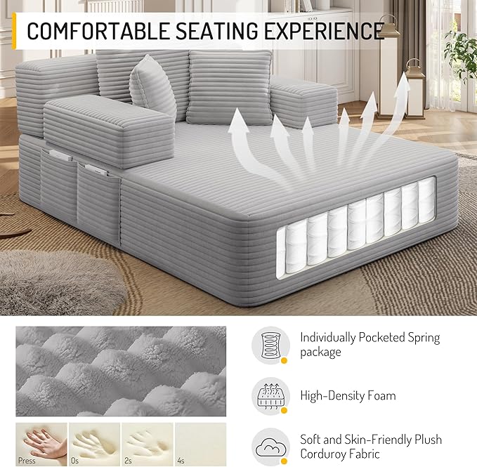 48.5 Oversized Chaise Lounge Chair Indoor 3-in-1 Convertible Sleeper Sofa Bed Plush Corduroy Boneless Chaise with 3 Pillows &amp Side Pockets Adjustable Back/Armrest for Living Room - Light Grey