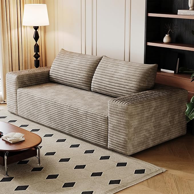 63-inch Boneless Loveseat Sofa Cloud Corduroy Floor Compressed Deep Seat Lounge Sofa Couch in A Box Comfy Fluffy Modern Plush Memory Foam No Assembly Couch for Living Room Bedroom Office Camel