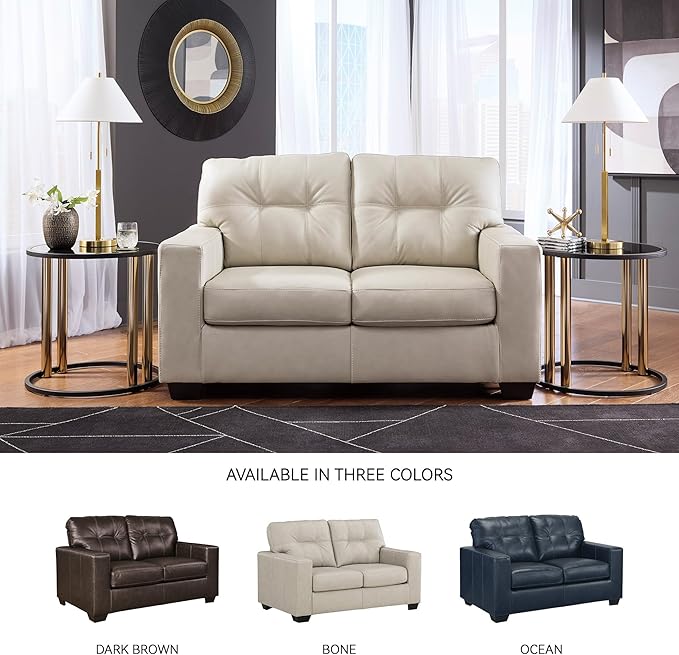 Signature Design by Ashley Santorine Classic Leather Match Loveseat with Tufted Cushion and Removable Cushion Light Gray