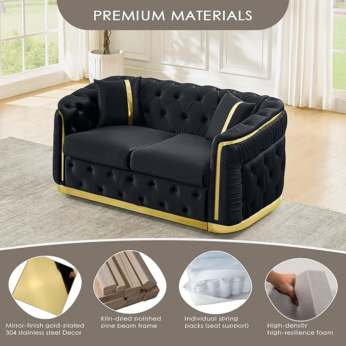 62.6 Mid Century Modern Loveseat Chesterfield Sofa Couch Black and Gold Couch Velvet Button Tufted Luxury Couches for Living Room with Golden Decor &amp 2 Pillows Black | StainlessSteel Decor Ele
