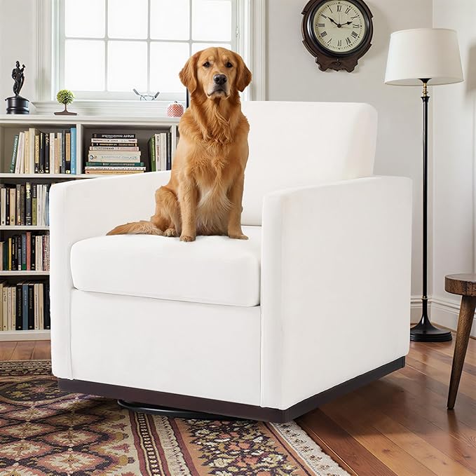 Pia Ricco Single Swivel Barrel Chair Mid-Century Modern Accent Armchair with Plush Chenille Upholstery for Living Room &amp Cozy Reading Nook Beige