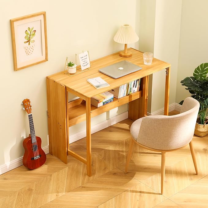 Bamboo Foldable Desk Small Folding Computer Desk with Hidden Storage Space Saving Study Table Fold Out Tables for Small Spaces Home Office Apartment (Natural)