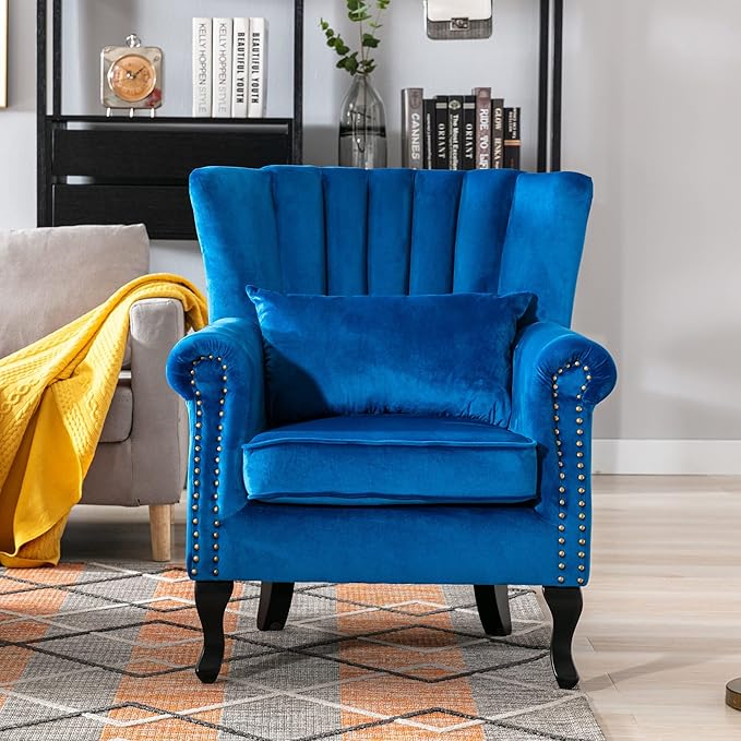 Accent Chairs Set of 2 with Arm Comfy Living Room Chair Mid-Century Modern Wingback Side Chair Velvet Single Sofa Couch for Bedroom Guest Room Blue
