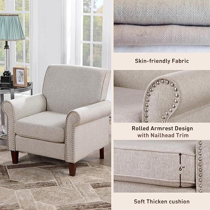 Prilinex Upholstered Living Room Chair Set of 3 - Large Comfy Fabric Accent Chair Single Sofa with Cushion Rolled Armrest &amp Nailhead Trim Mid Century Farmhouse Armchair for Bedroom Office Beig