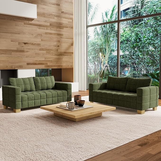 81.89 Sofa Comfy 3 Seat Sofa Tufted Chenille Upholstered Sofa Couch for Living Room with Gold Metal Legs and 2 Throw Pillows (Green（3+3）)