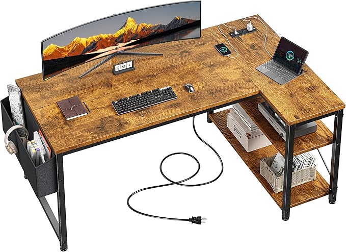 EnHomee Small Computer Gaming Desk with Storage Shelves &amp Side Bag 40 Inch L Shaped Desk with Power Outlets Corner Desk Study Writing Table for Home Office Bedroom Living Room Brown