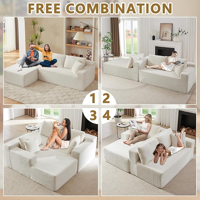 Minimalist Boneless Cloud Couches for Living Room Corduroy L Shaped Modular Sectional Sofa Couch W/Deep Seat &amp High-Back Comfy Memory Foam Couch Sofa in A Box (White Left Facing Chaise)
