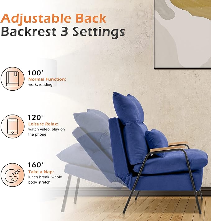 MCombo Accent Recliner Chair with Ottoman Modern Fabric Armchair Upholstered Sofa Bed for Living Room Bedroom Small Space 4055 (Black Frame Blue)