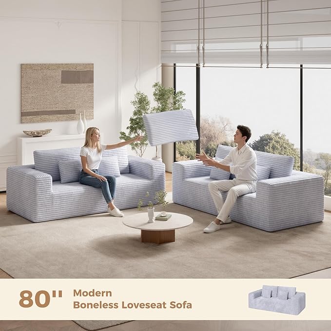 80'' Modern Cloud Loveseat Sofa No Assembly Required Deep Seat Comfy Small Couches Includes 2 pcs Pillows for Living Room Bedroom Apartment(Light Grey)