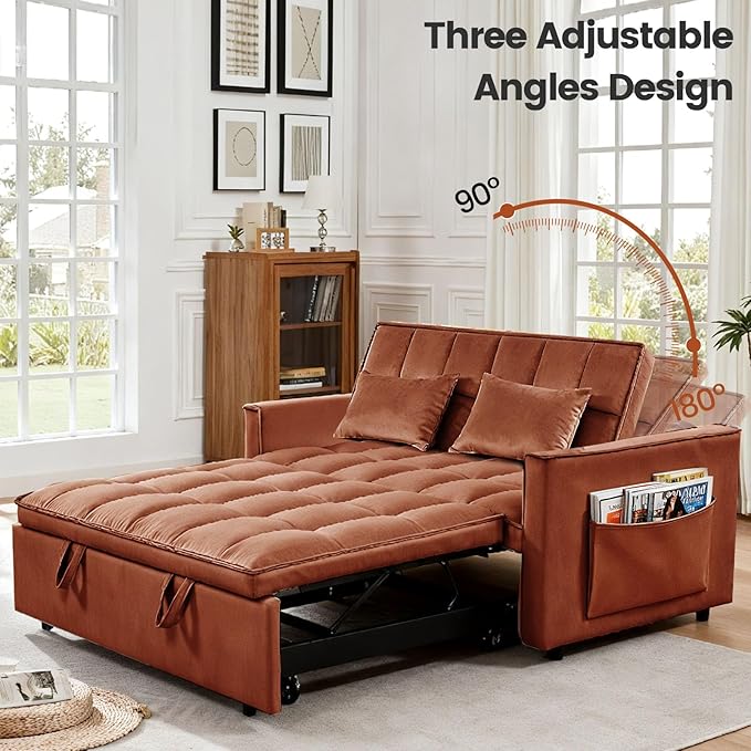 3 in 1 Convertible Sofa Bed Velvet Fabric Loveseat Sleeper Couch Modern Pull Out Couch with Side Pockets Sleeper Sofa Bed with Adjustable Backrest for Living Room Camel