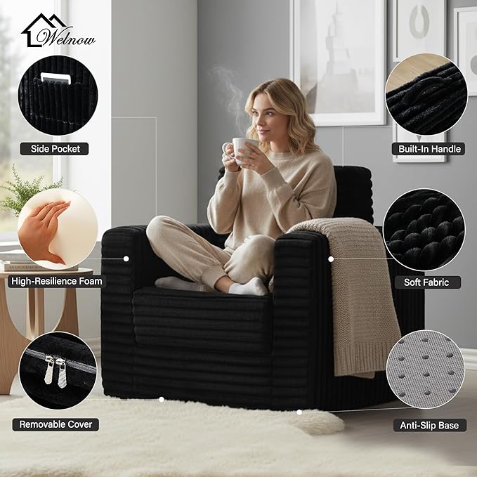 Welnow Folding Sofa Bed with Ottoman Convertible 2-in-1 Boneless Couch Futon Lounge Chair Bed for Adults Comfy Fold Out Sleeper Sofa for Small Spaces Living Room Bedroom or Dorm Black
