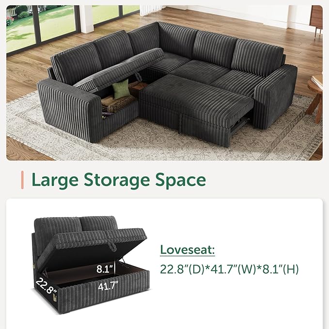 HONBAY Modular Sectional Sleeper Sofa with Pull Out BedCorduroy L Shaped Couch with Storage Sectional Couches for Living RoomDark Grey