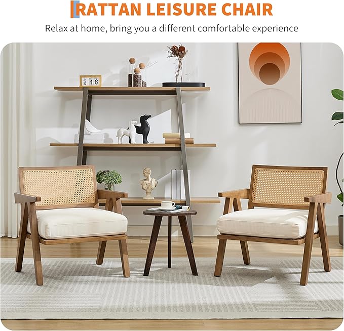 GarveeHome Mid-Century Farmhouse Accent Chair - Wood Armchair with Rattan Backrest &amp Linen Cushion for Living Room Bedroom - Beige Easy Assembly(2 Pcs)