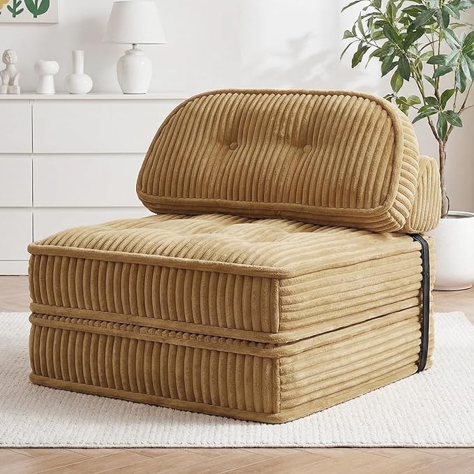 Foldable Sofa Bed in A BoxPortbale Compressed Chair BedCorduroy Convertible Twin Sleeper ChairFull Foam Fold Out Chaise Lounge for Living RoomBedroomApartment (Camel)