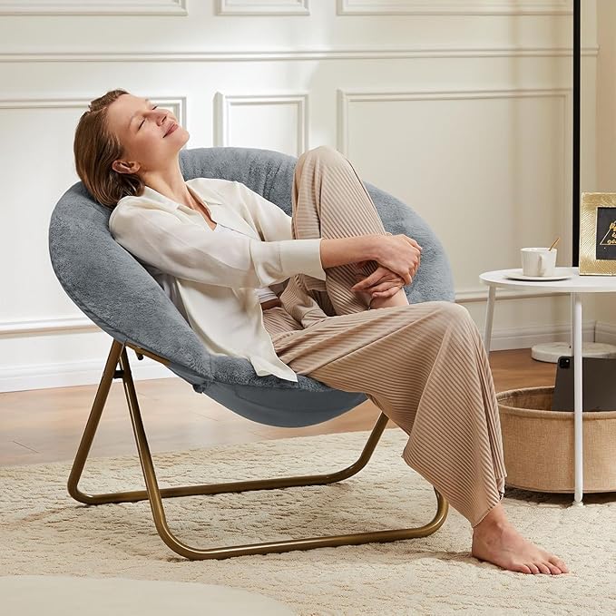 YSSOA Saucer Chair Comfy Faux Fur Chair for Bedroom Saucer Chairs for Adults Teens Round Shaped Moon Chair with Foldable Metal Frame Grey