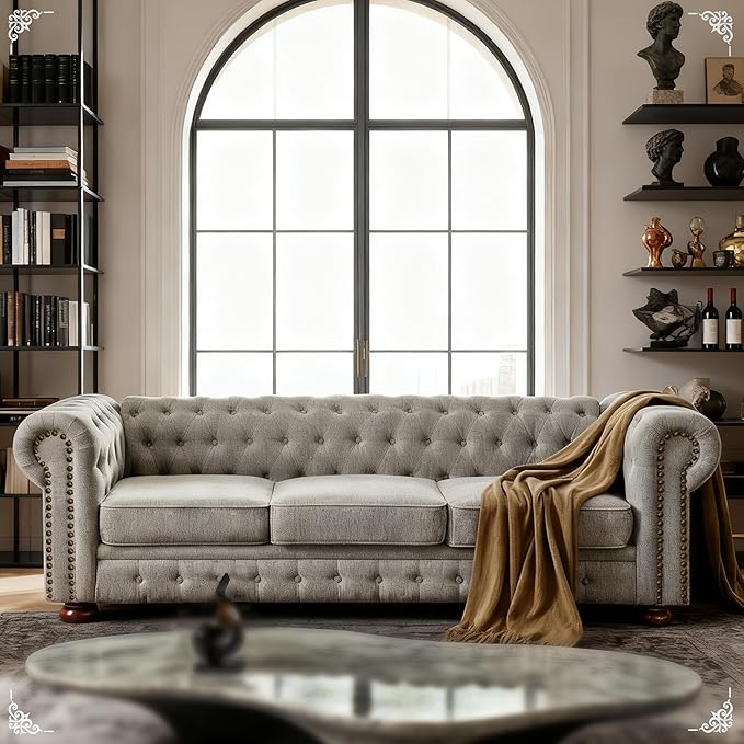 Dreamzie 89 Chesterfield Sofa Couch 3-Seater Linen Vintage Couch Mid Century Modern Sofa with Rolled Arm for Living Room Office Light Gray