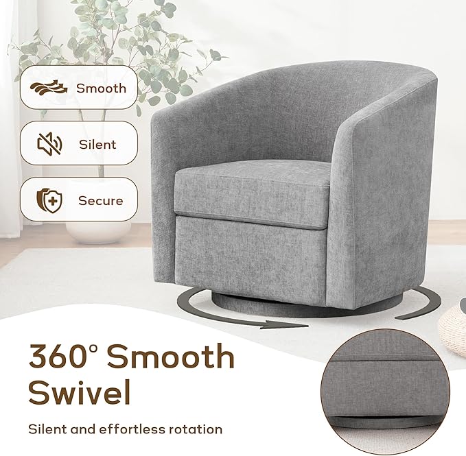 Chenille Swivel Accent Chair Living Room Chairs No Assembly Upholstered Armchair 360°Rotating Barrel Chair for Bedroom Apartment &amp Reading Nook (1 Light Grey)