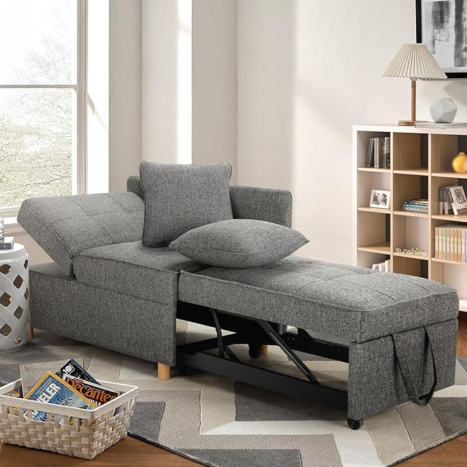 SEJOV Sofa Bed 4-in-1 Convertible Sofas &amp Couches 3-Seat Linen Fabric loveseat Sofa with 2 Throw Pillow Single Recliner for Small Space with 5 Adjustable Backrest Dark Grey
