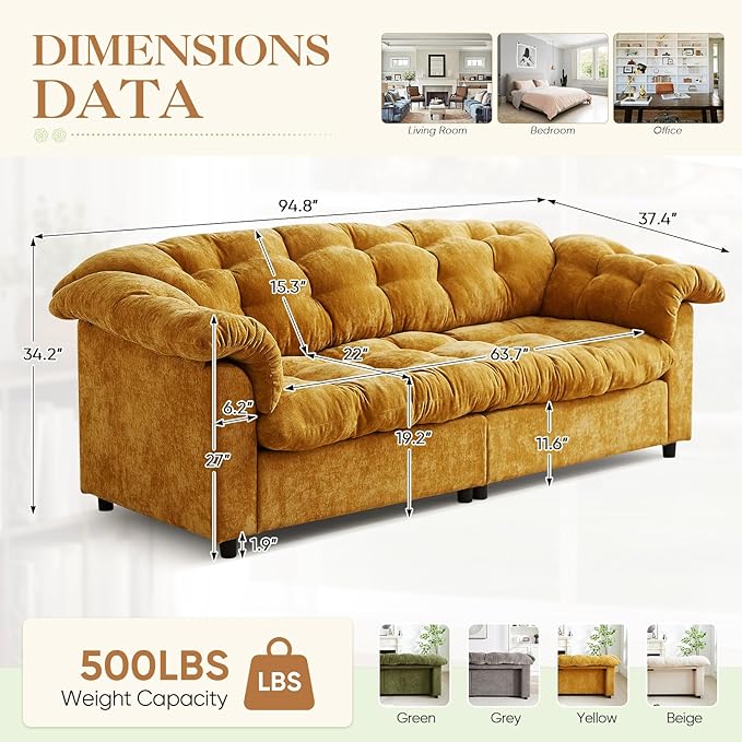 Modern Sofa Couch 94.8W Chenille Tufted Fluffy Comfy Cloud Couch with Tutfted Design &amp Armrest Pillow Upholstered Oversized Loveseat Sofa for Living Room Bedroom Office Apartment Yellow