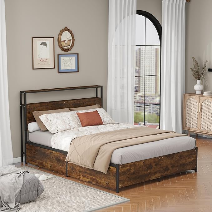 Panana Queen Bed Frame with Storage Headboard Platform Bed with 4 Drawers No Box Spring Needed Easy Assembly Vintage Brown