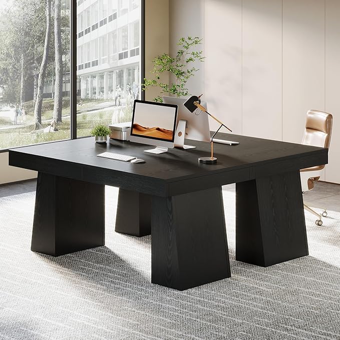 Tribesigns 55-Inch Executive Desk Thick Wood Office Computer Desk with Double Pedestal Modern Minimalist Workstations Writing Table Conference Table Furniture for Home Office Black