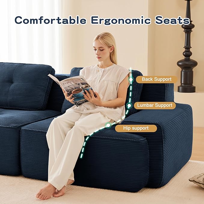 Modern U Shaped Boneless Couch with Ottoman 152.7” Oversized 6 Seater Modular Sectional Sofa Comfy Corduroy Cloud Sleeper Sofa with Deep Seat Upholstered Couches for Living Room Apartment Blue