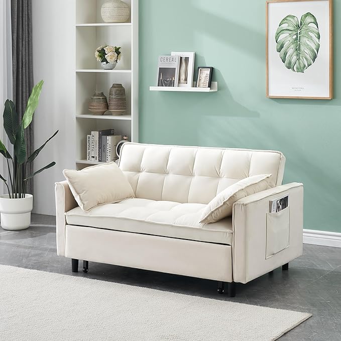 3 in 1 Convertible Sofa BedModern Velvet Loveseat Sleeper Sofa Bed with Adjustable Backrest Storage Pockets and PillowsSuitable for Living RoomGuest RoomBeige
