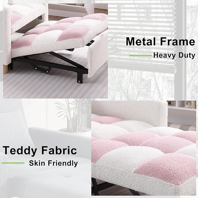 3-in-1 Sleeper Chair Bed for Living RoomConvertible Pull Out Chair Bed with Adjustable BackrestMulti-Functional Sofa Bed for Living Room (Pink)