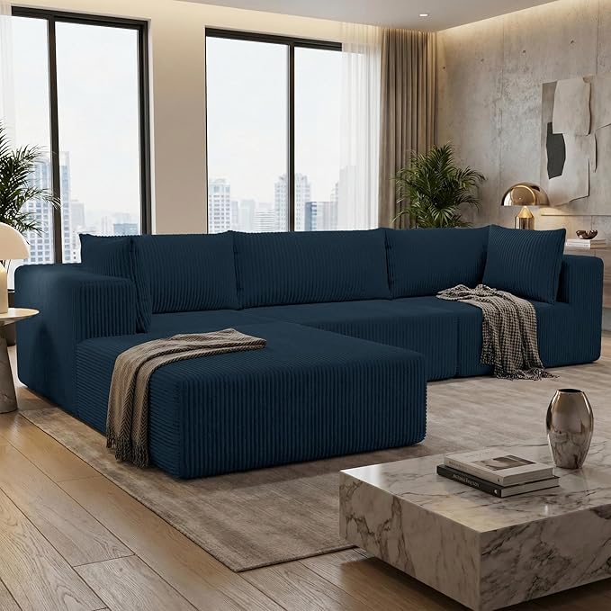 108 Boneless Couches for Living Room Modular Cloud Couch Sofa - L Shap Corduroy Sectional Sofa Fluffy Memory Foam Sleeper Sofa Furniture No Assembly Wide Armrest Navy Blue